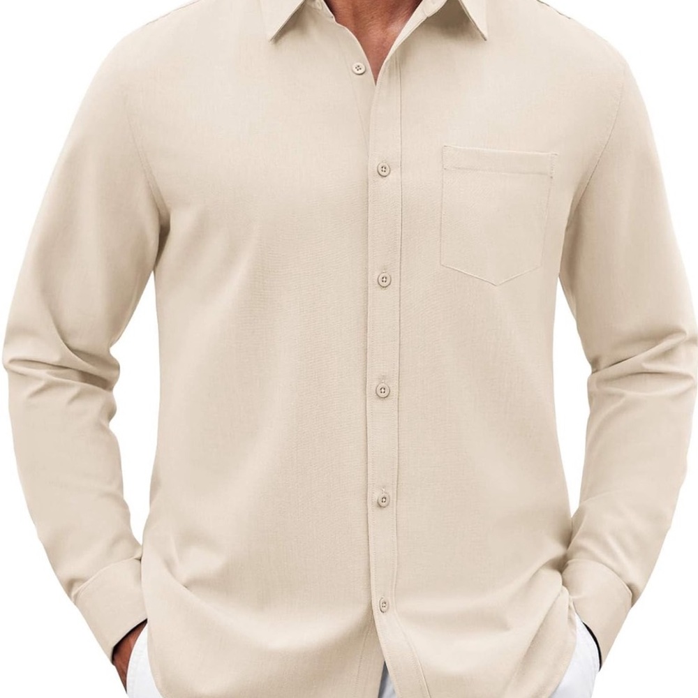 Men's Beige Long Sleeve Button Down Shirt